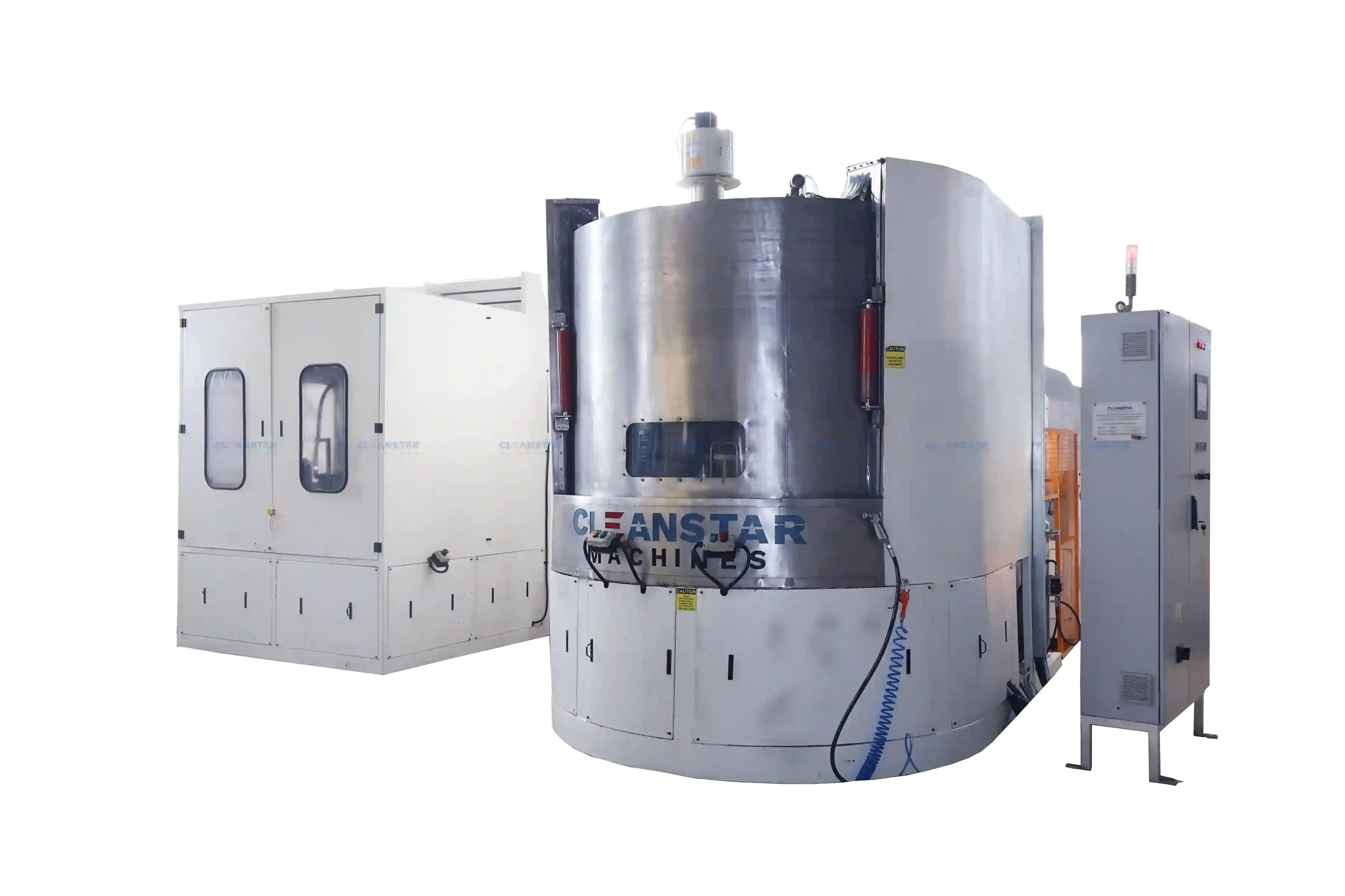 Top load parts washer cleaning industrial components inside stainless steel chamber